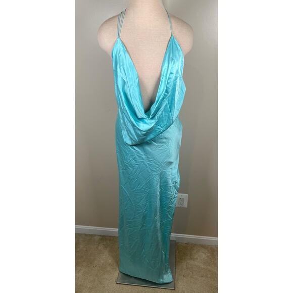 Michael Lo Sordo Iced Bias Draped Asymmetric Silk Maxi Dress in Blue Size 4 - Picture 5 of 12